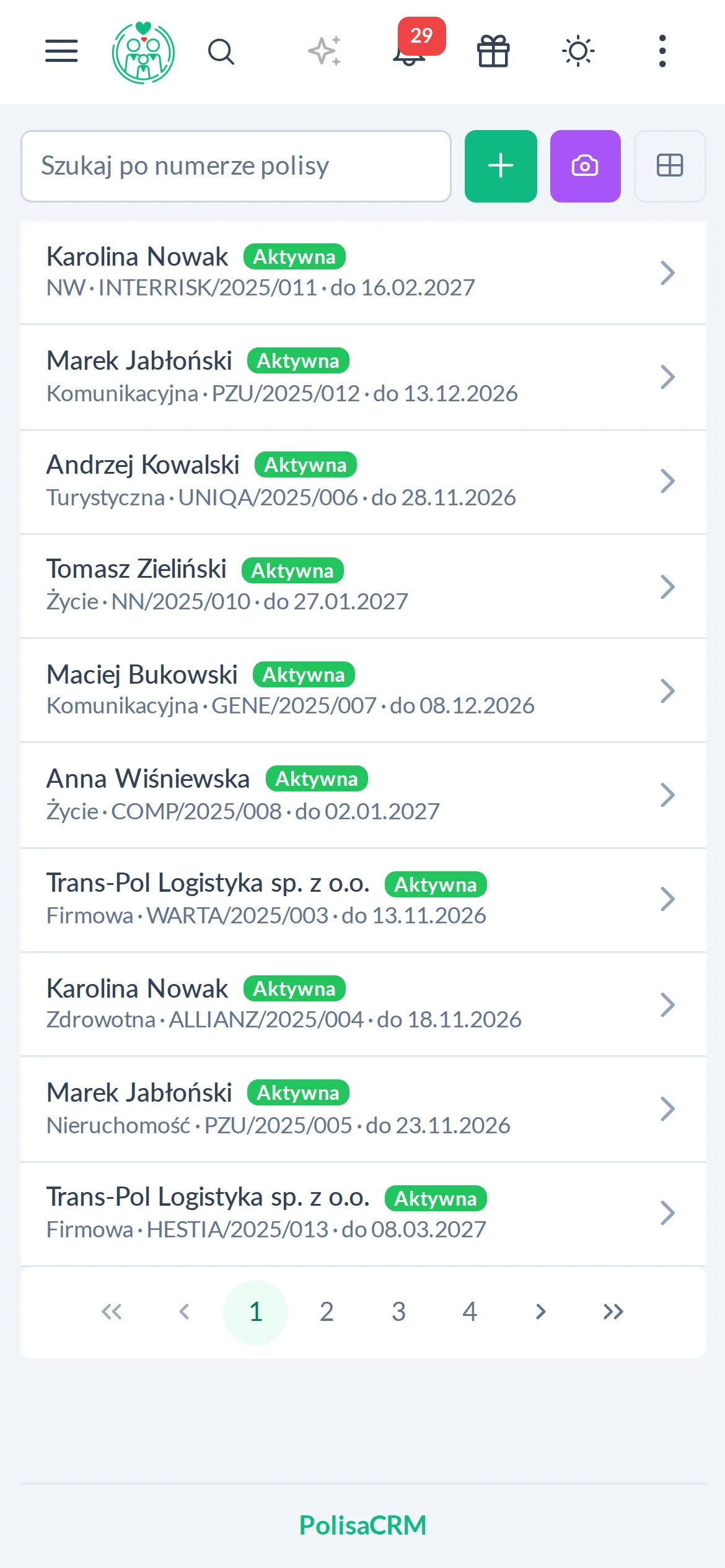 Lista polis na telefonie z wyszukiwarką i przyciskiem skanowania polisy aparatem