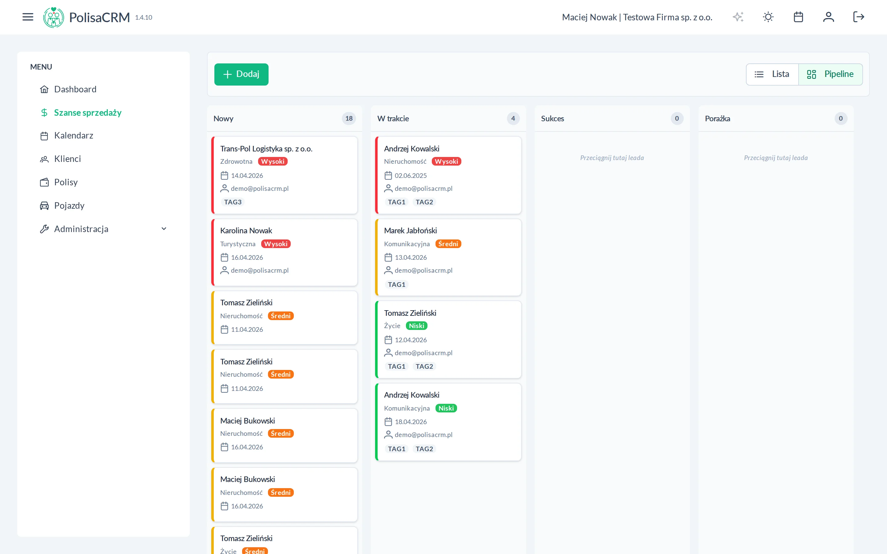 Widok pipeline kanban z kartami leadów w kolumnach Nowy, W trakcie, Sukces, Porażka