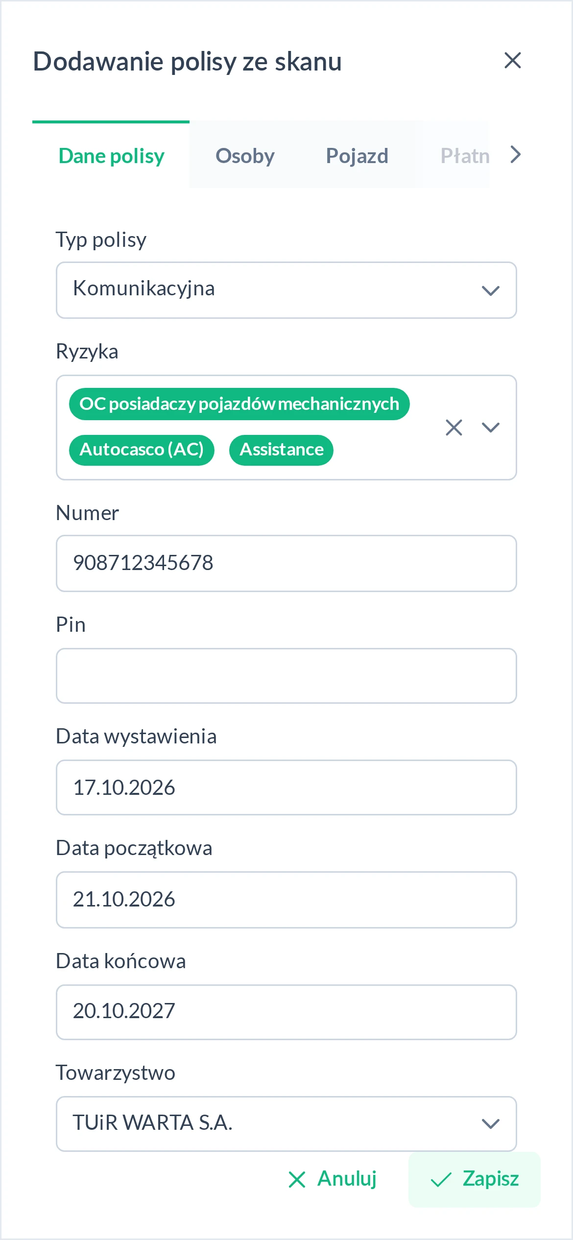 Polisa dodana ze zdjęcia na telefonie: typ, ryzyka, daty i towarzystwo wpisane z dokumentu